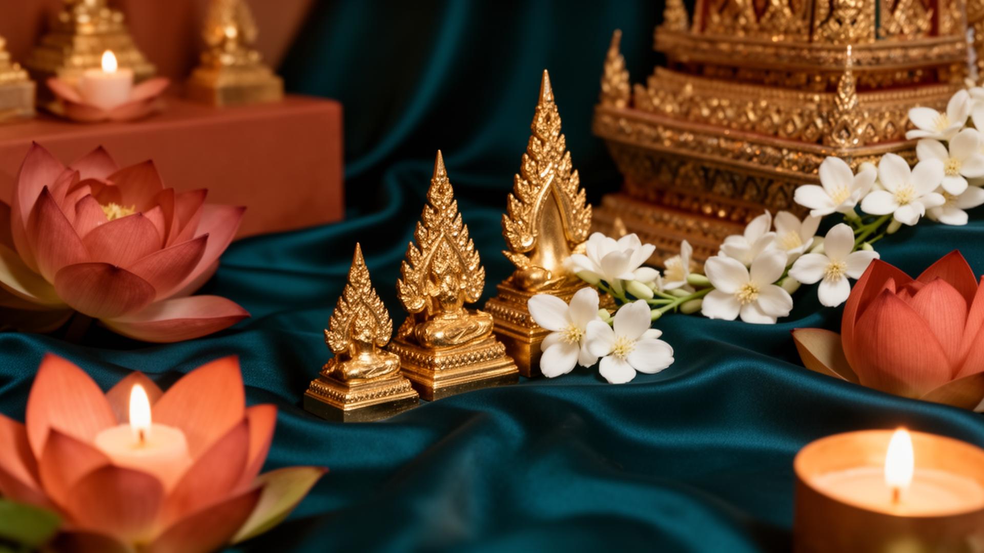 Thai temple ornaments and lotus on teal silk