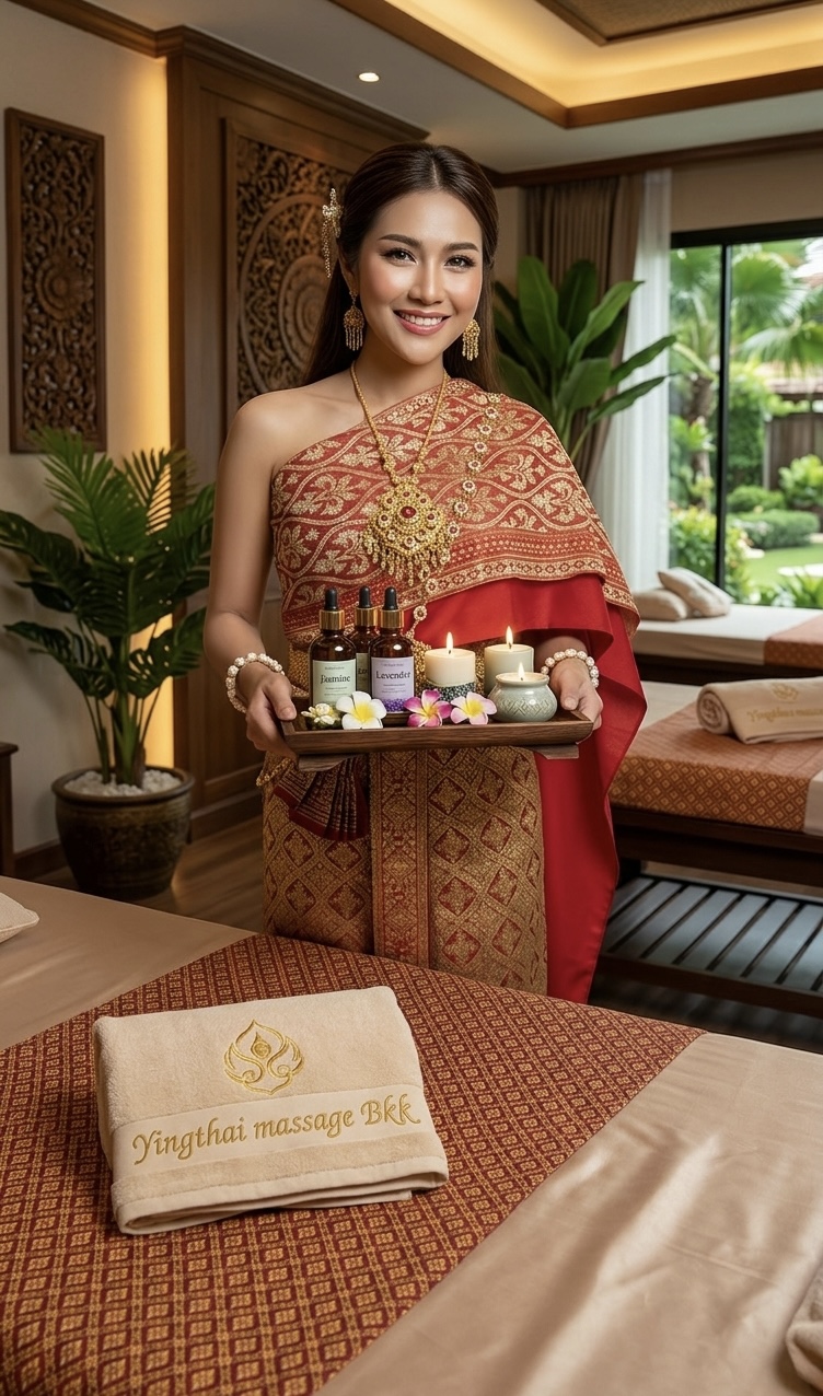 Thai therapist in traditional dress holding aromatic oil tray